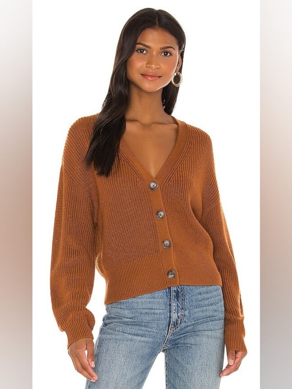 Monki Oversized Cropped Chunky Knit V-Neck Cardigan in Burnt Orange Rust Brown